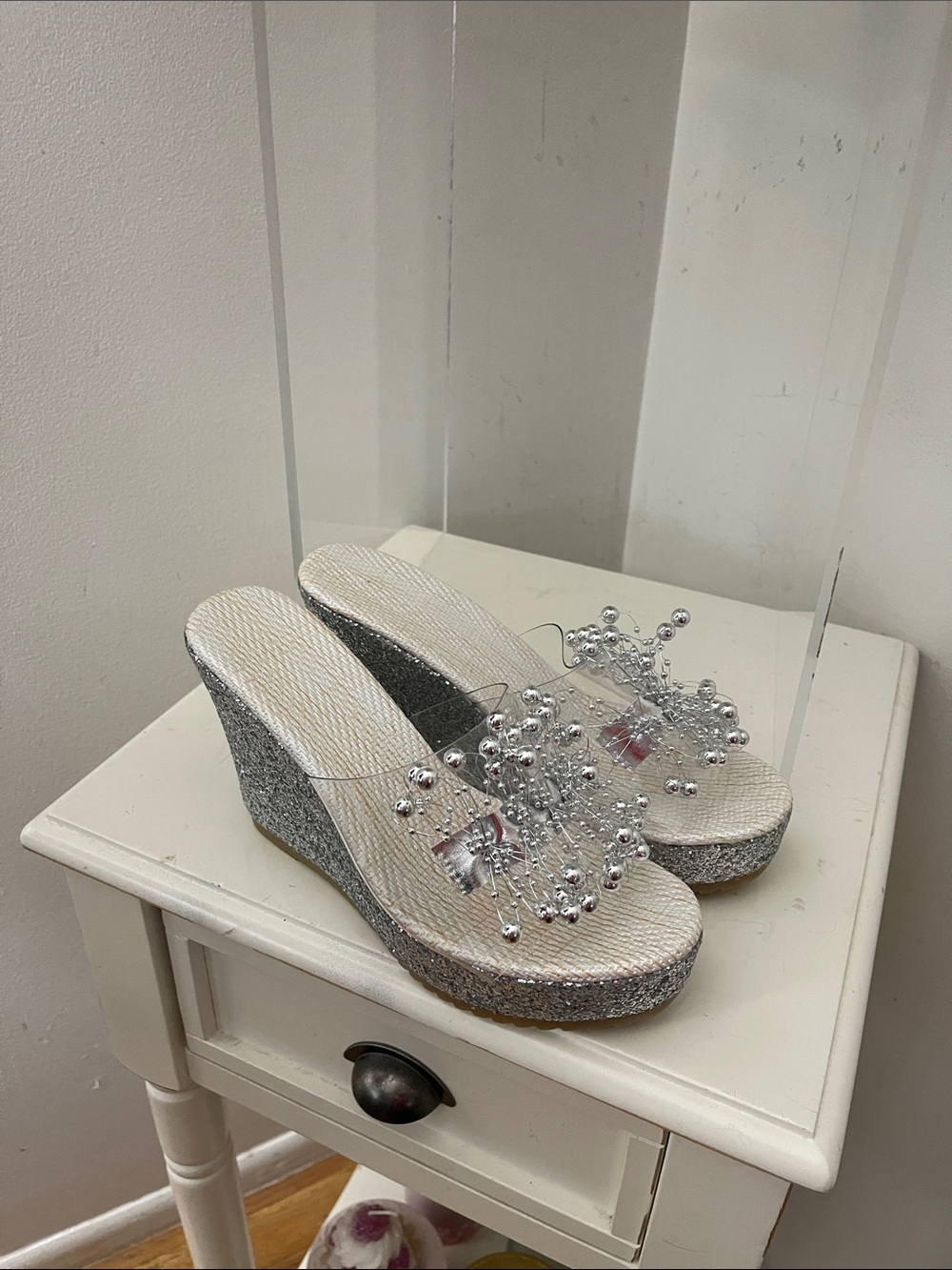Silver Beaded Clear Sandals w/Glitter Wedge